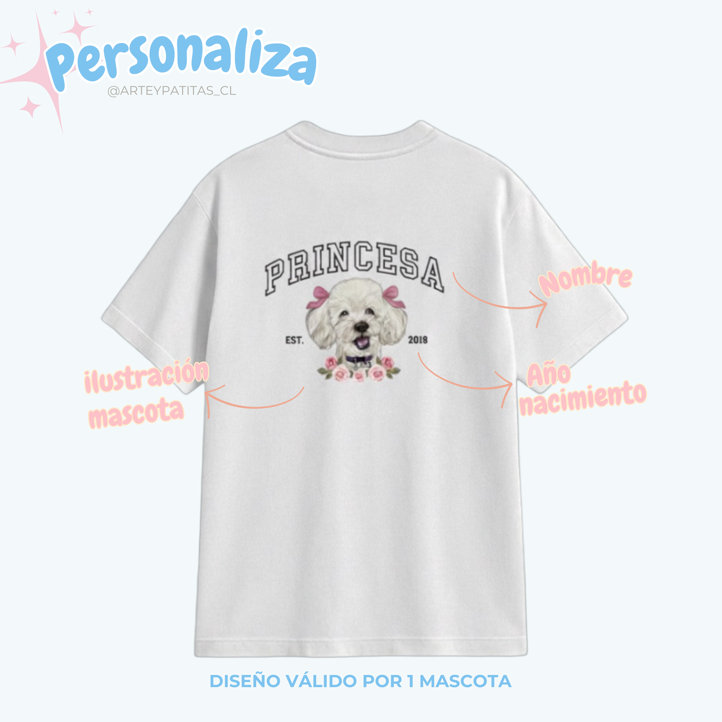 Polera blanca con estampado de mascota