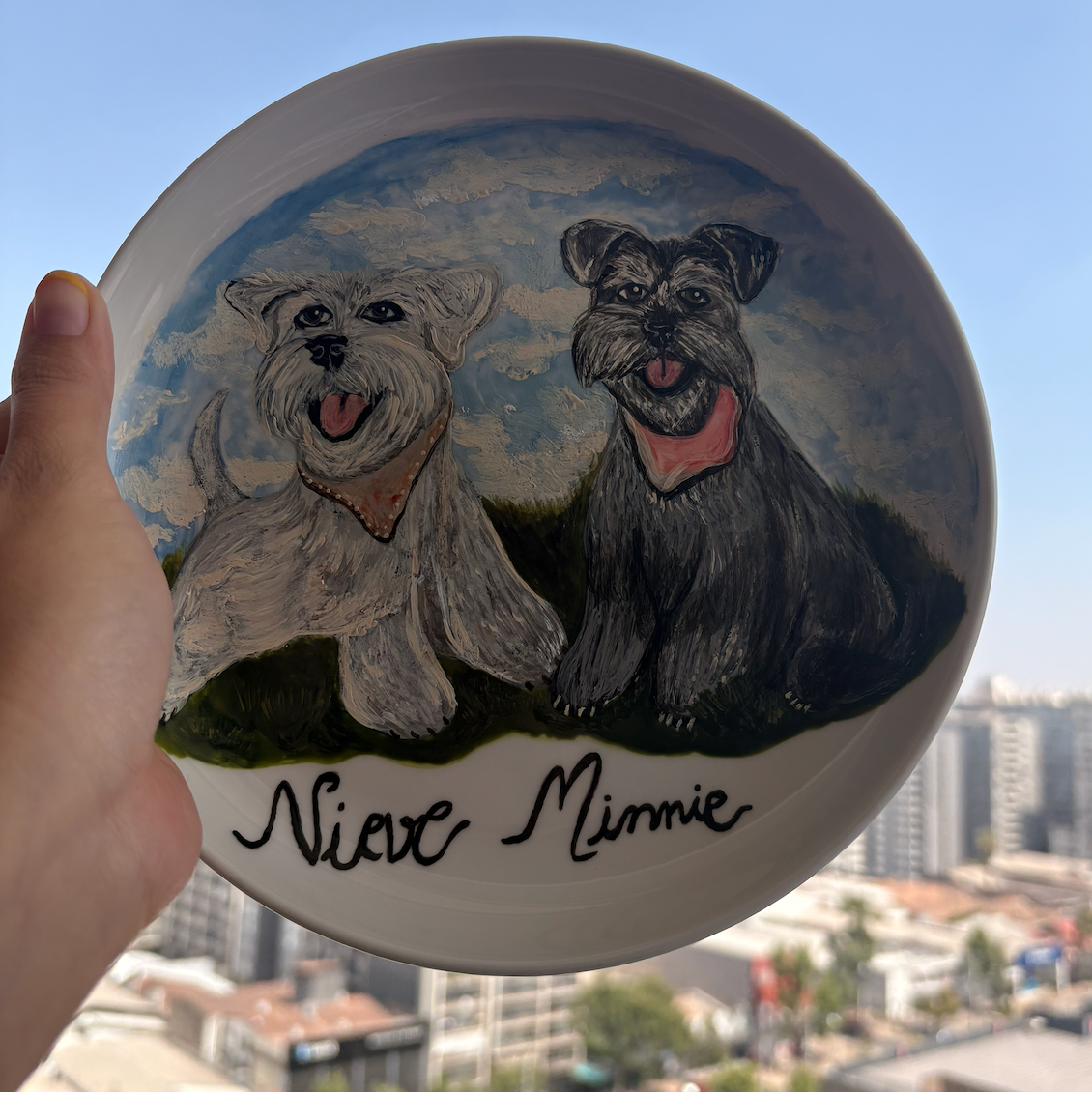 Plato de porcelana pintado con 2 mascotas